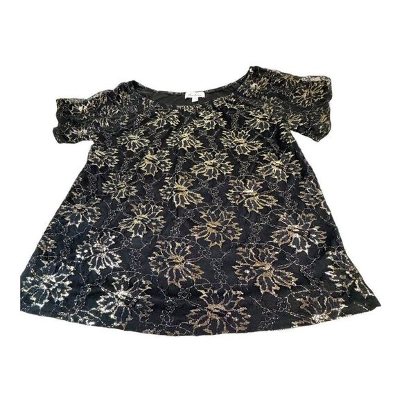 Anneliese Womens Floral Lace Top M Black & Gold Short Sleeve Johnny Was NEW - Picture 1 of 6